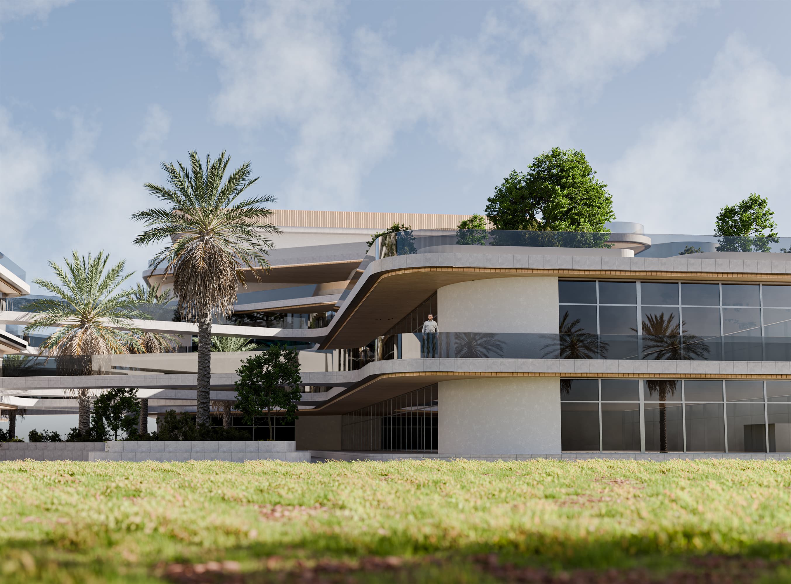 Along the green edge, the spaces unfold rhythmically — terraces, courtyards, and walkways flowing together. Trees and shadows animate the facades, while elevated paths encourage exploration. The campus feels alive and open, inviting movement and quiet reflection alike.