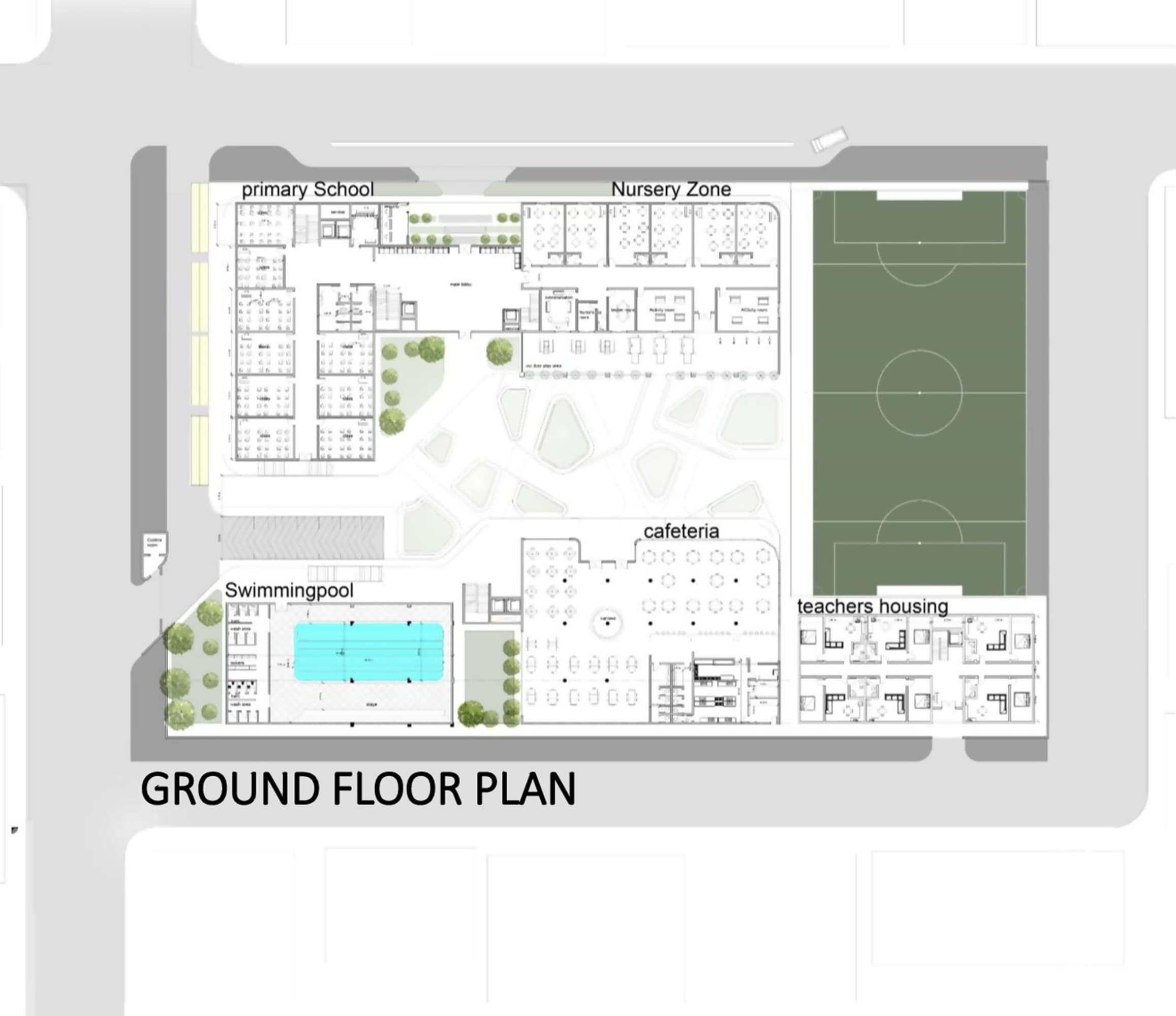 The ground floor plan showcases an efficient and thoughtful layout. Key areas such as the nursery, cafeteria, and swimming pool are centered around the main courtyard, ensuring daylight and easy circulation. Teachers’ housing and sports fields are placed for privacy yet remain connected to the larger campus.